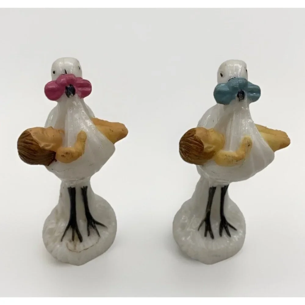 Pair of Vintage 1950s Stork Cake Toppers Pink Blue Celluloid Baby Shower
